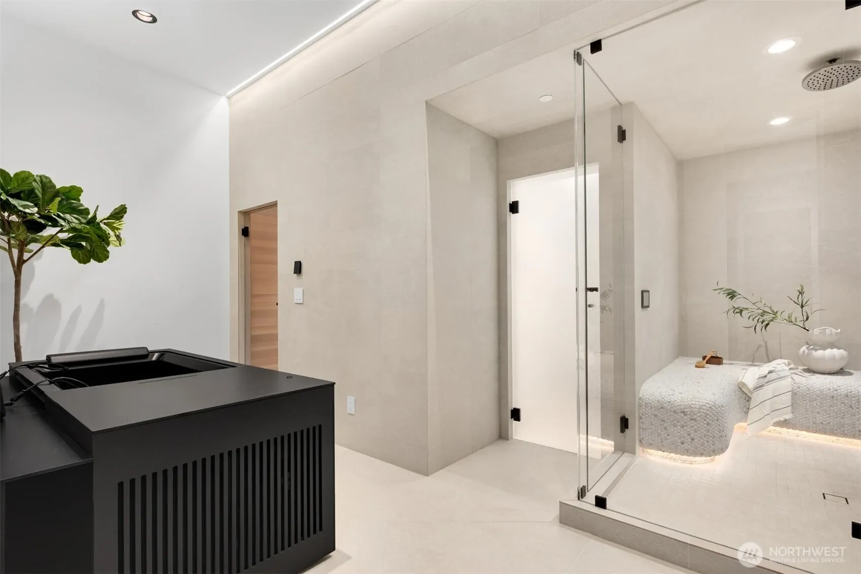 The Wellness Room: Steam shower with marble penny tile under-lit bench (think Post Hotel), Cedar Sauna, and a cold plunge.