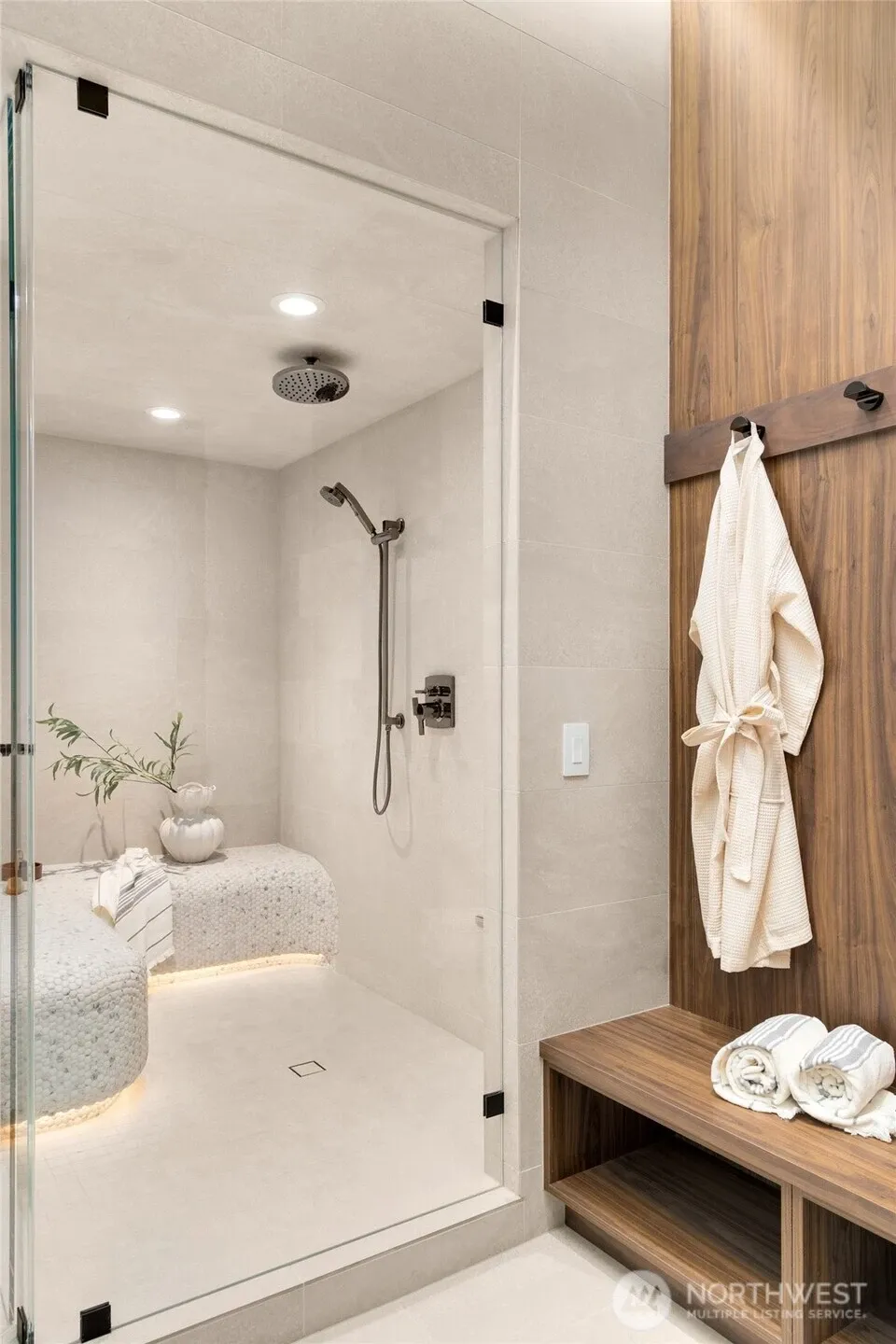 The Wellness Room: Steam shower with marble penny tile under-lit bench (think Post Hotel), Cedar Sauna, and a cold plunge (not shown).