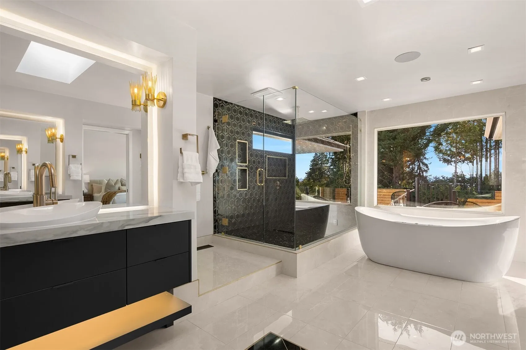 Ceiling mount tub filler.  Dual shower heads, body sprayers, jetted tub and more.