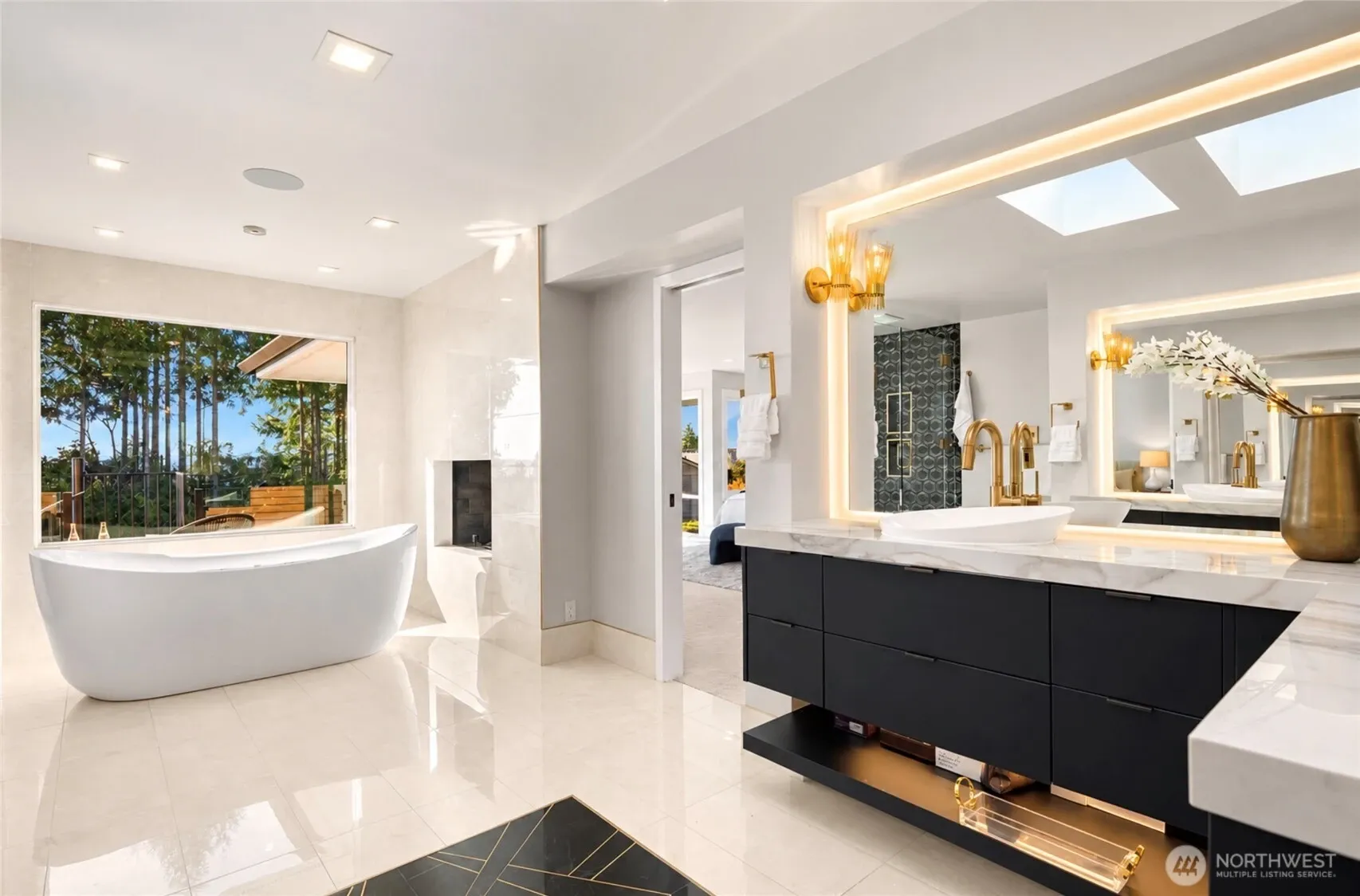 Ceiling mount tub filler.  Dual shower heads, body sprayers, jetted tub and more.